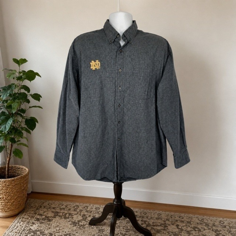 Haggar Notre Dame Fighting Irish Shirt Mens L Navy Plaid Logo Cotton‎